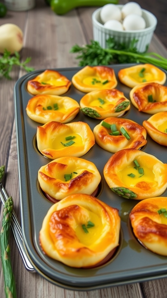 Savory asparagus egg bites baked in a muffin tin, garnished with herbs.